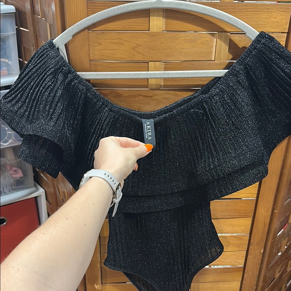 Akira Black Shimery Off-Shoulder Bodysuit